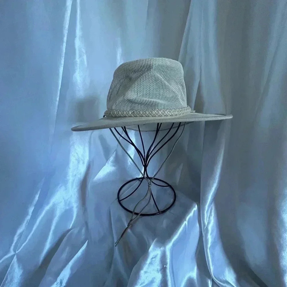 MONTEREY-BAY MENS TAN SUN HAT LONG  CORDED CHIN STRAP GOOD CLEAN‎ CONDITION